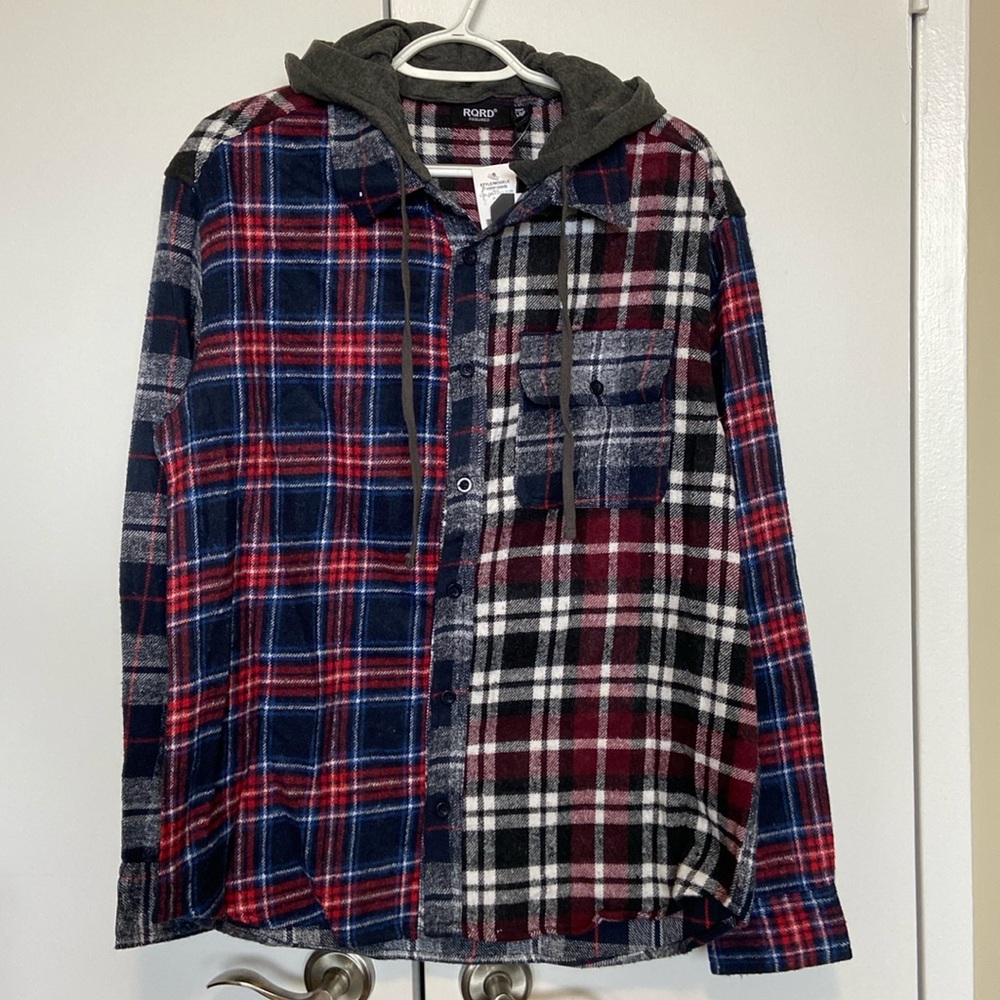 NWT RQRD Flannel Button Up Hoodie 100% Cotton